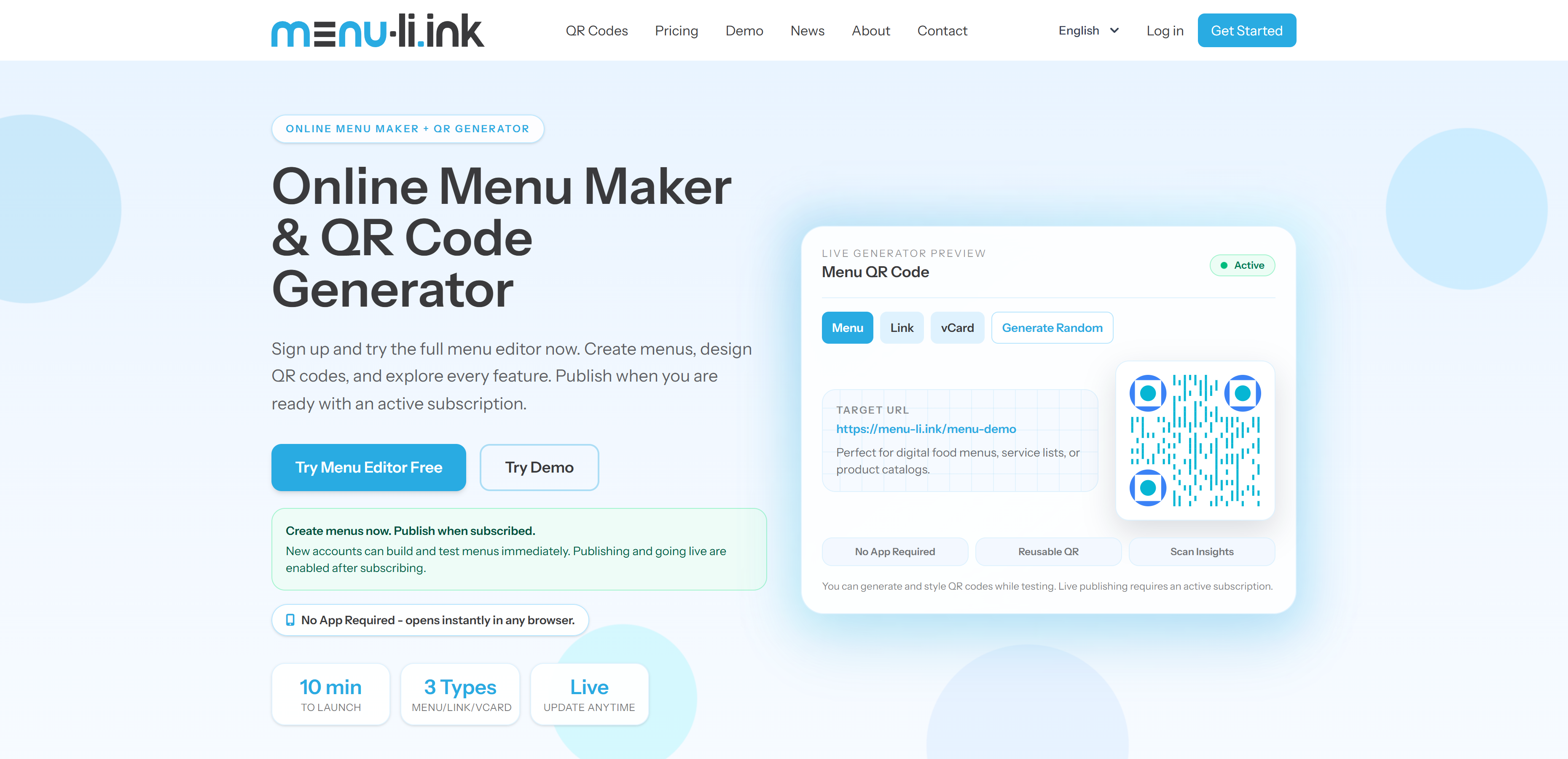menu-li.ink website screenshot